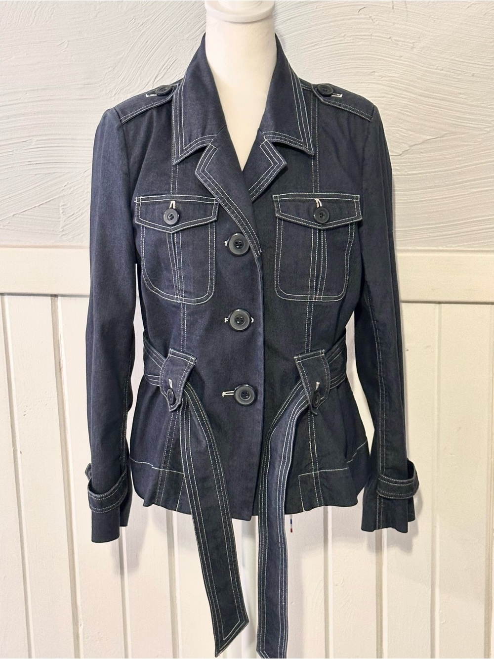 Vintage Y2K Robert Louis Denim Look Utility Style Jacket Navy Belted Size M